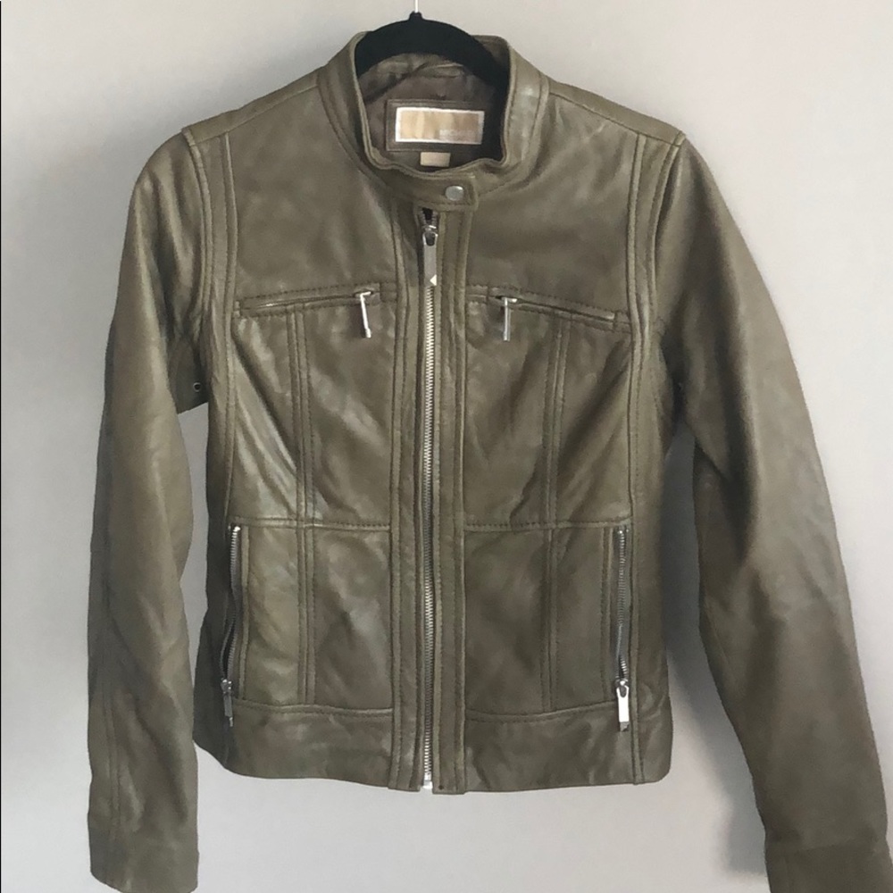 Michael Kors olive green Moto leather jacket S